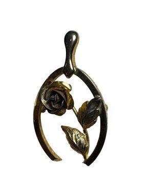 Vintage Gold Tone Wishbone Brooch With Rose & Leaf Design Pin Jewelry 1.5"